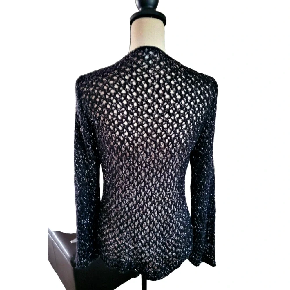Classic Elements Woman Black Open Weave W/Silver Thread Tie Front Sweater 1X